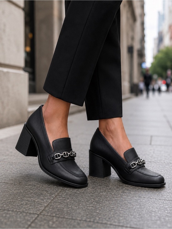 Alex Marie Shoes - ALEX MARIE Women's FARIN Black Leather Chunky Stacked Heel Chain Loafer Pumps 9